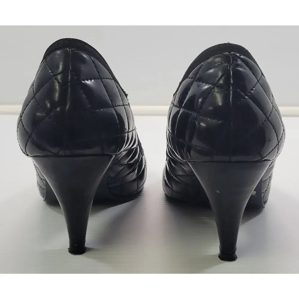 BG) Dressbarn Woman Quilted High Open Toe Black Heel Shoes 8M